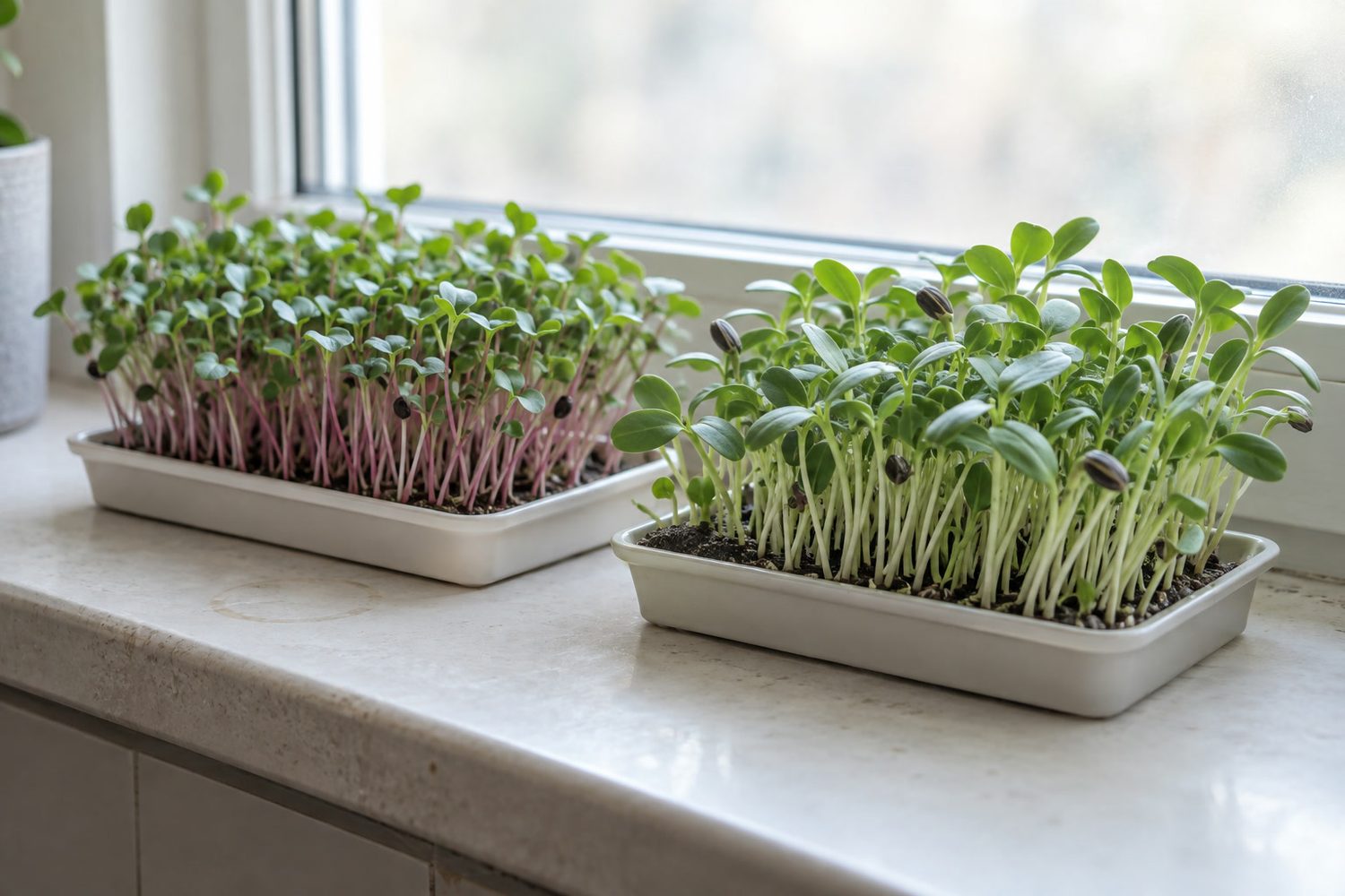 Two small shallow trays of young radish and sunflower microgreens a few days from harvest on a wide kitchen windowsill in soft daylight