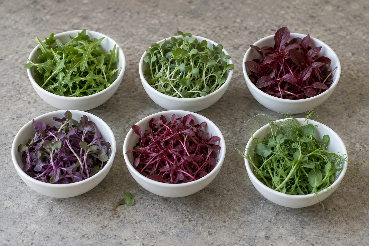 Six small white bowls in two rows holding arugula, broccoli, deep red beet, purple red cabbage, magenta amaranth and pea tendril microgreens