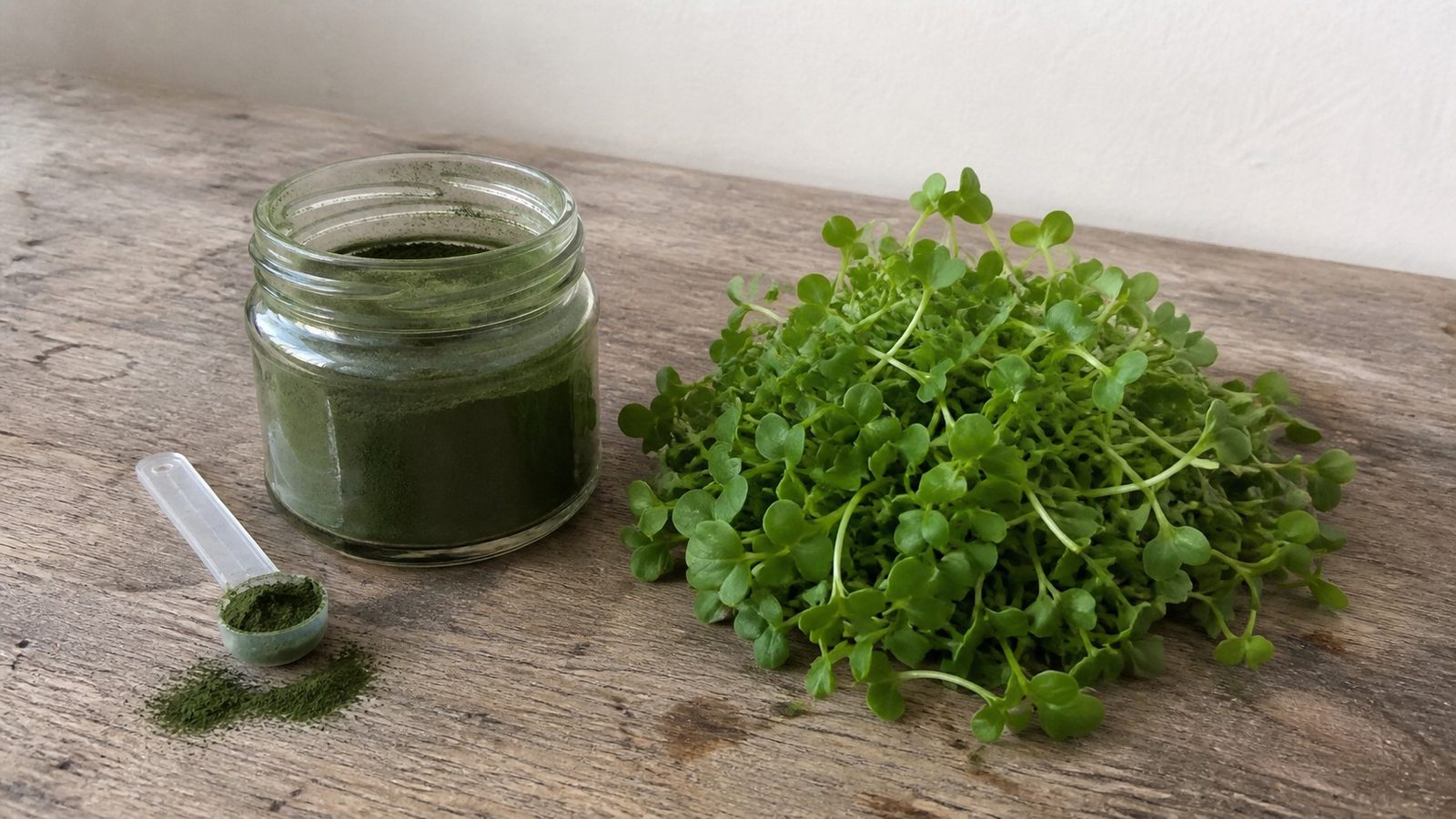 A small open jar of fine dark green powder with a measuring scoop resting beside it on a bench, next to a loose handful of the same crop still fresh and uncut, photographed side on at bench height in flat daylight