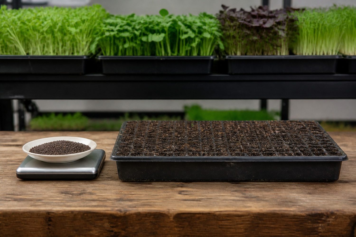 A small digital kitchen scale on a worn wooden counter holding a shallow dish of small round broccoli seed, an empty 1020 tray of levelled damp growing medium beside it, the scale display turned away from the camera, photographed side on at counter height in flat daylight