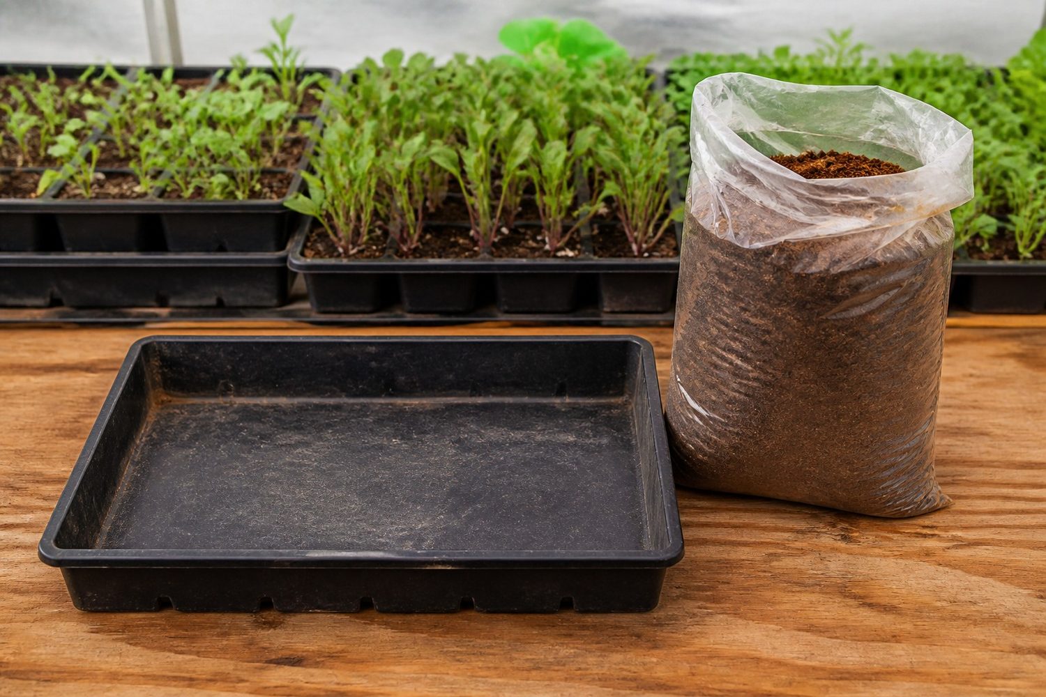 A reused empty 1020 tray on a worn wooden counter, visibly scratched across the base and faintly stained in the corners, dry and clean, with an opened bag of coco coir growing medium standing beside it, photographed side on at counter height in flat daylight with no branding visible on the bag