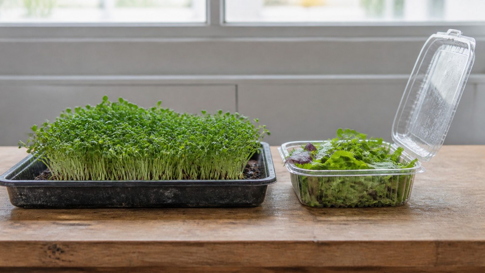 A worn wooden kitchen counter photographed side on at counter height in flat daylight from one window, a 1020 tray of dense mid-green broccoli microgreens on the left with the canopy visibly uneven in height, an opened plain clear clamshell of loose supermarket salad leaves on the right with condensation beaded on the inside of the raised lid, no packaging text or branding anywhere in frame