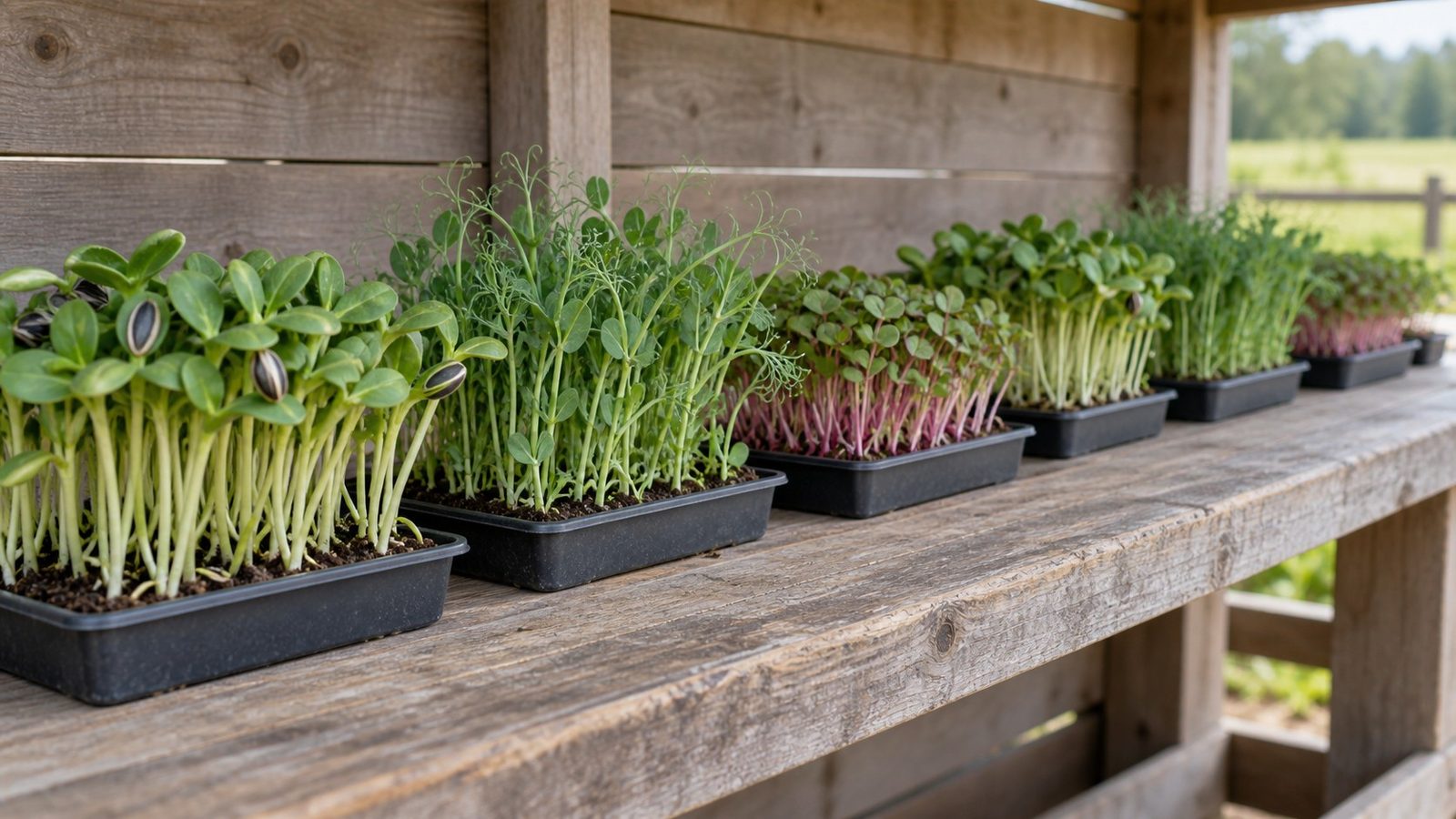 Wooden farm stand shelf holding a row of small trays of growing sunflower, pea shoot and radish microgreens in dark growing mix