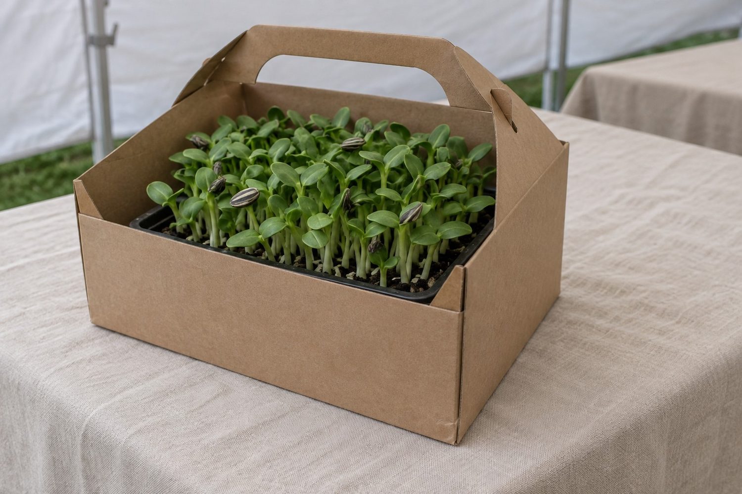 Small tray of sunflower microgreens growing in soil inside an open plain brown kraft paper carrier box with a handle, on a market table