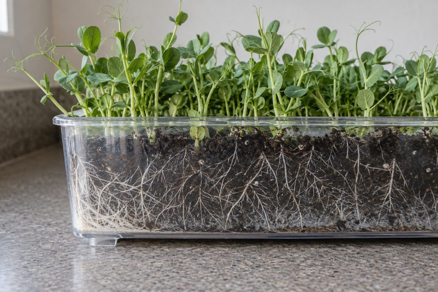 Side view through a small clear sided tray of pea shoots, white roots woven through dark growing mix below and green shoots with tendrils standing above