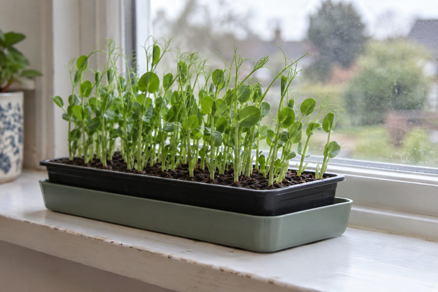 Tray of green upright pea shoots growing in soil, set in a solid catch tray on a bright kitchen windowsill