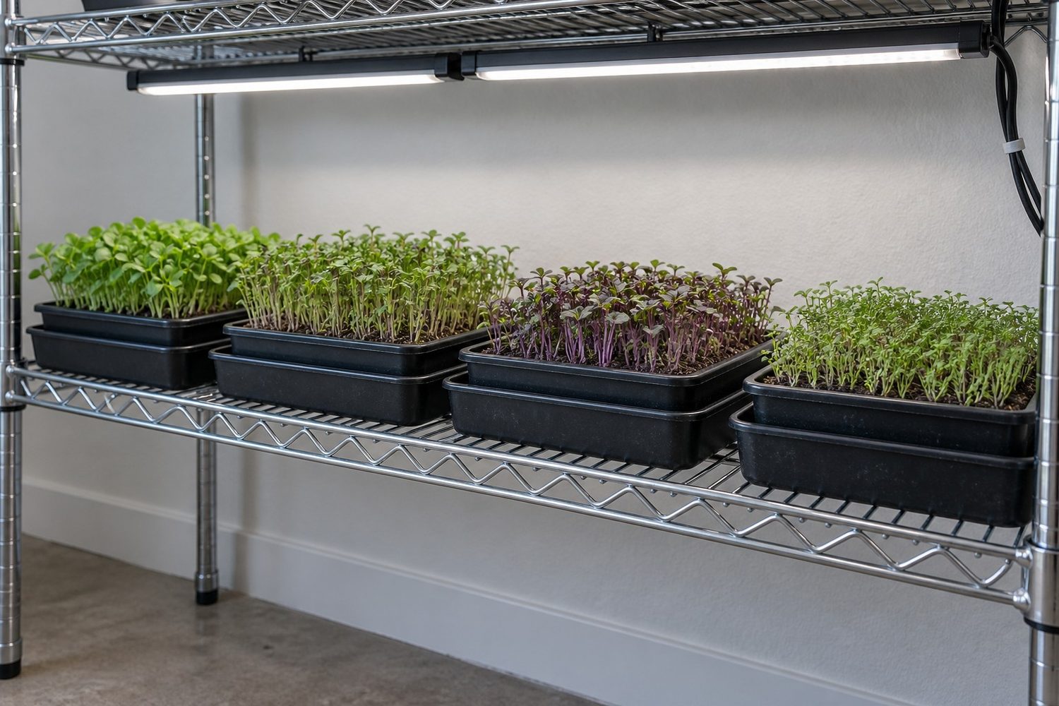 Clean wire shelf in a tidy grow room holding several trays of growing microgreens set in solid black catch trays under slim LED lights