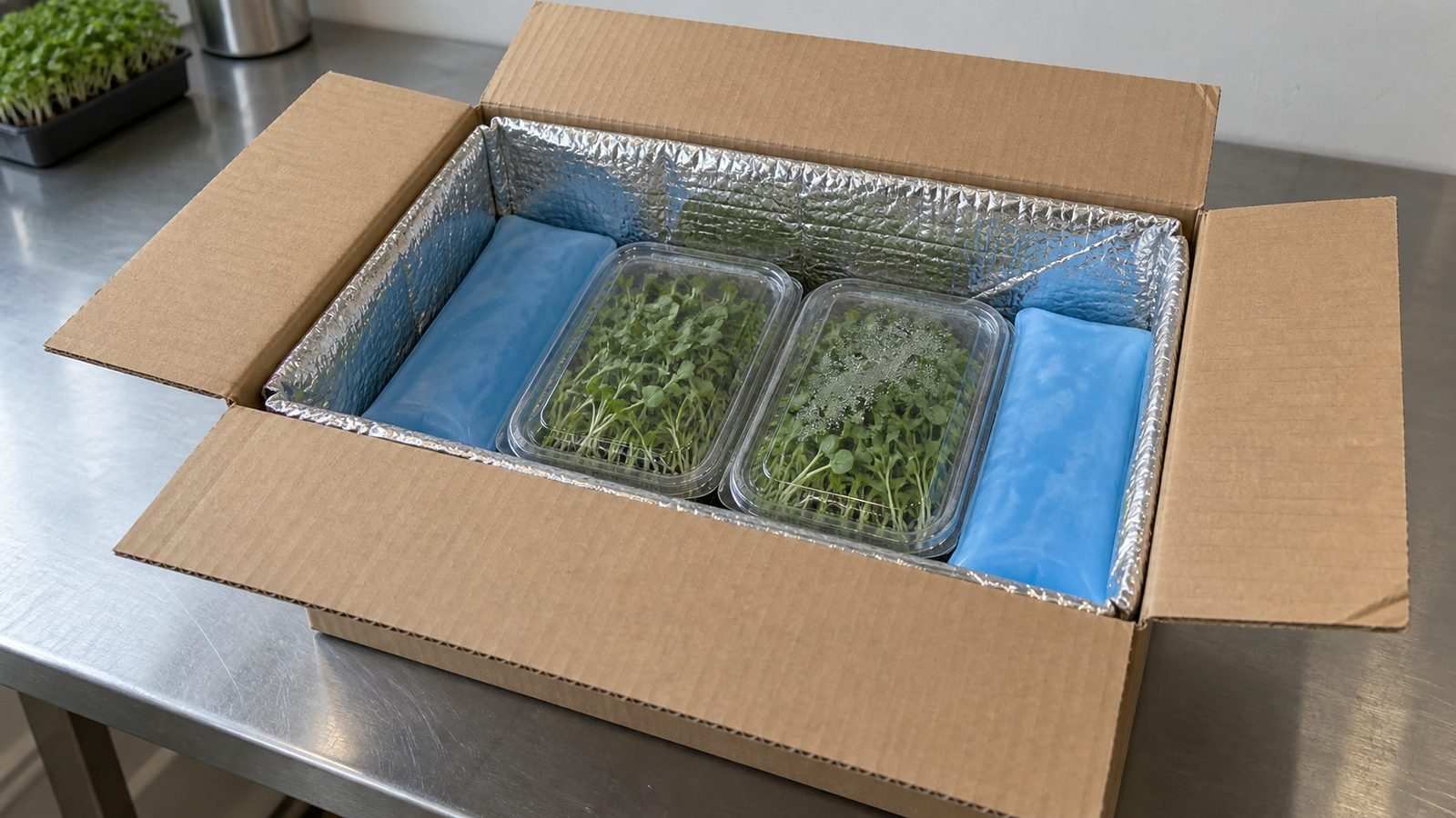 Open plain corrugated box on a stainless steel table with a silver foil liner, two blue gel packs and sealed clear clamshells of microgreens nested between them