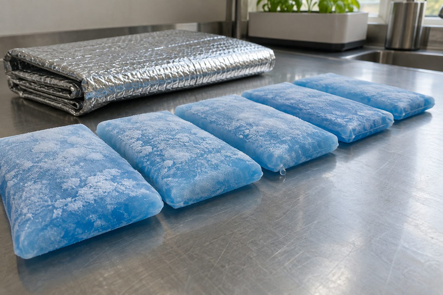 Row of frozen blue reusable gel packs with a light frost on a stainless steel table beside a folded silver insulated liner