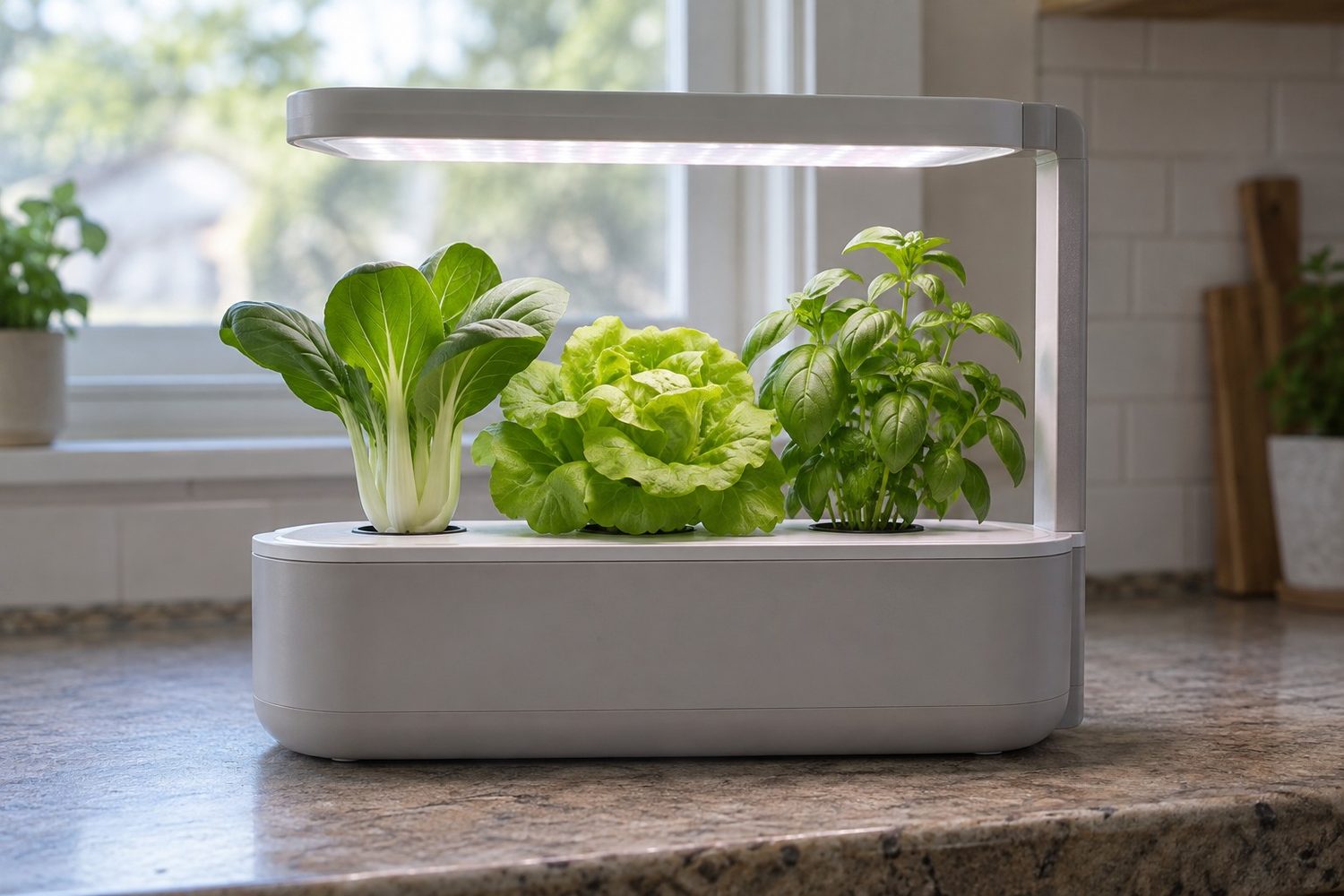 Countertop hydroponic garden with compact bok choy, butterhead lettuce and a bushy small basil plant sitting well below the lit lamp hood