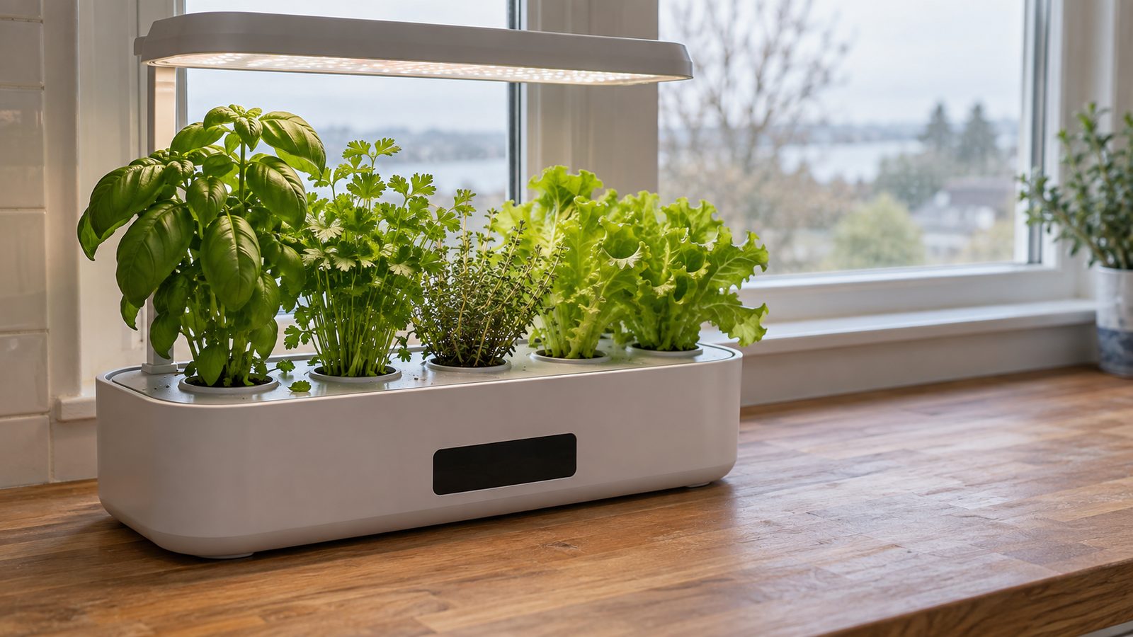 Compact countertop hydroponic garden with six pods of basil, parsley, thyme and lettuce under its lit lamp hood, on a kitchen counter beside a window