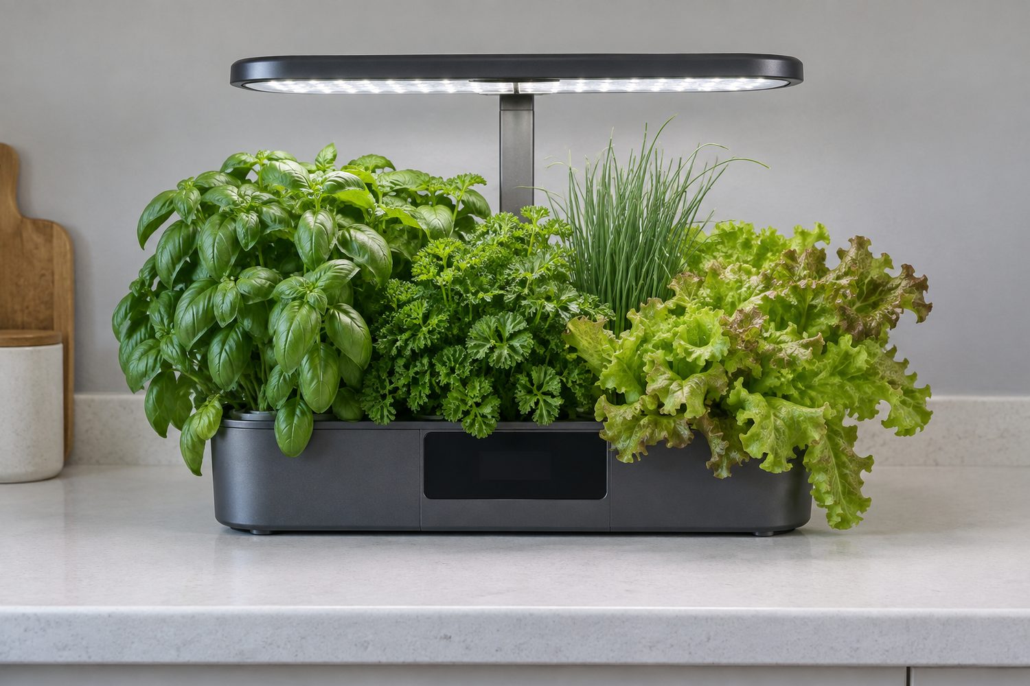 Countertop hydroponic garden crowded with bushy basil, curly parsley, chives and loose leaf lettuce, all growing well below its lamp, on a kitchen counter