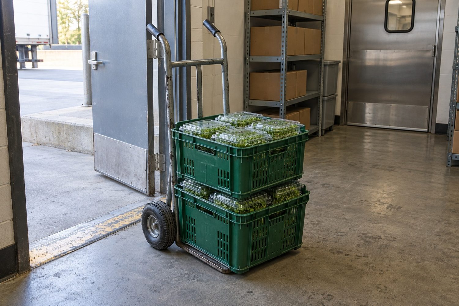 Steel hand truck parked at the open receiving door of a small grocery store back room, holding two stacked plastic produce crates of closed clear clamshells of microgreens