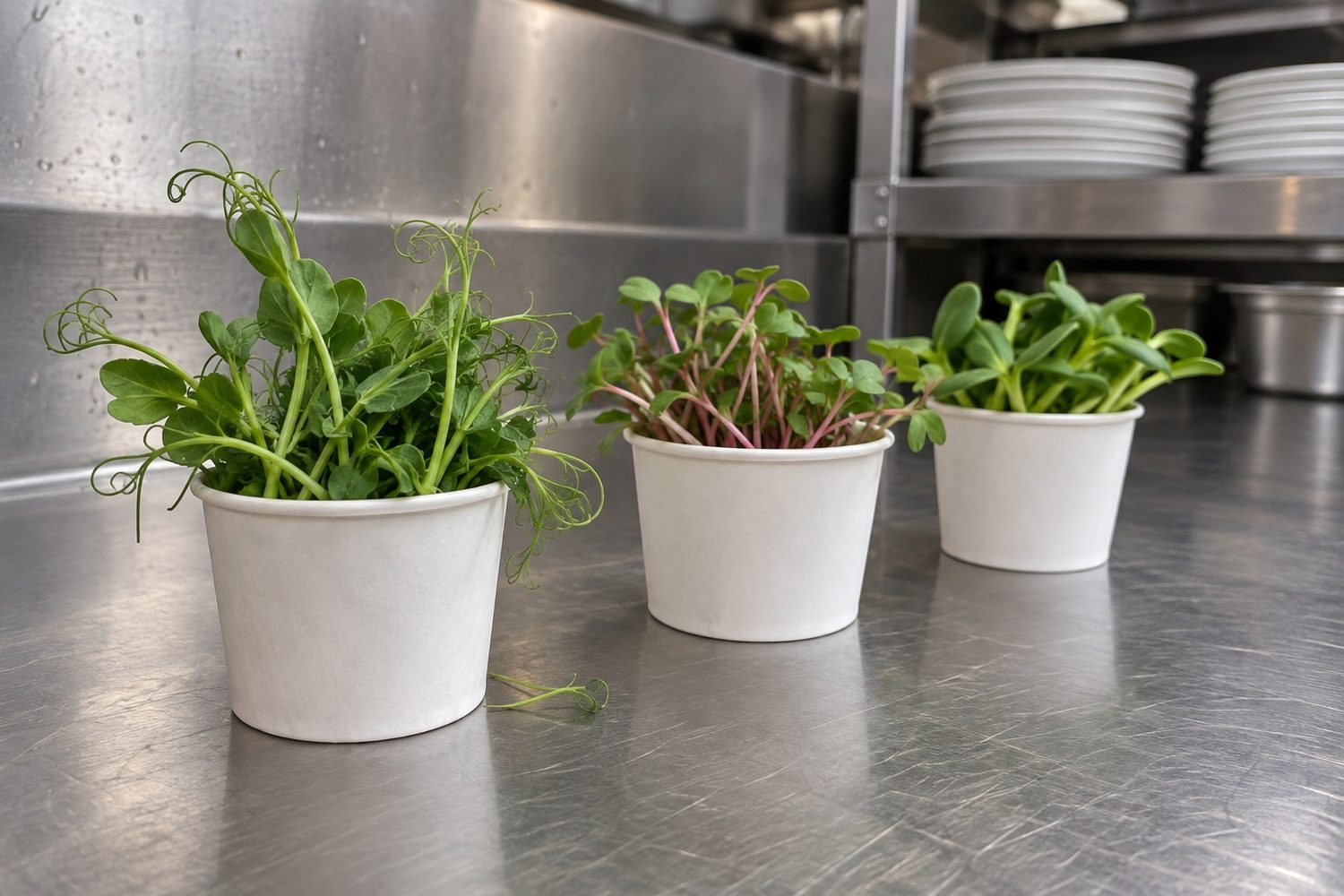 Three small white paper tasting cups in a row on a stainless steel prep counter, holding pea shoots, pink stemmed radish microgreens and sunflower microgreens