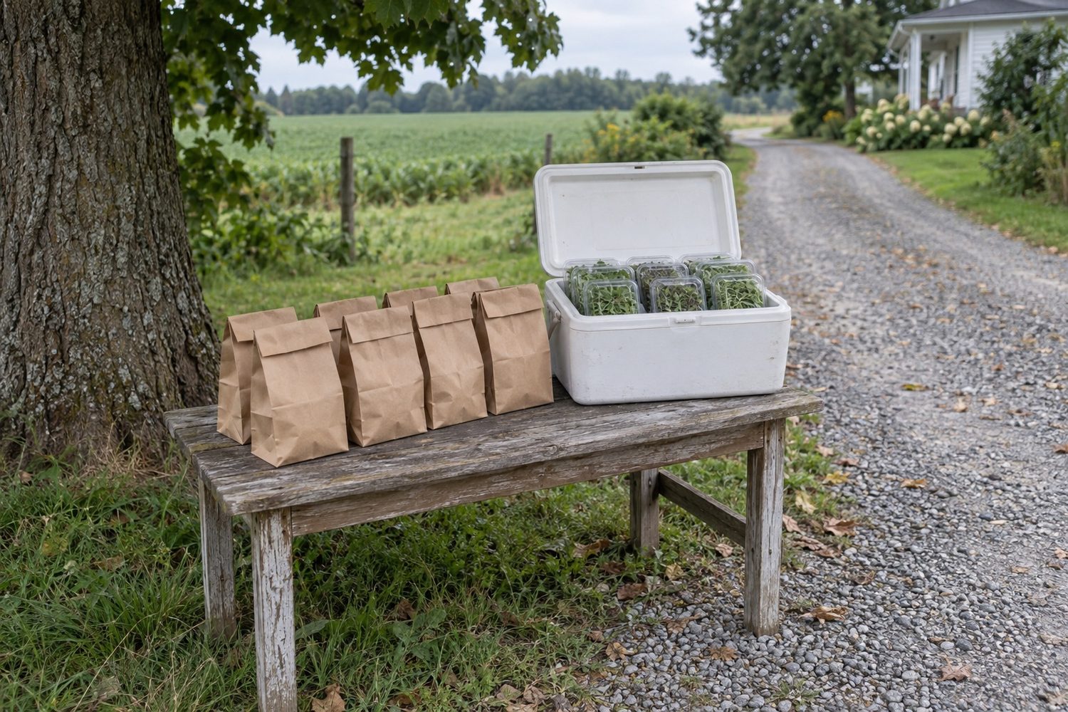 Small wooden table under a shade tree at the end of a gravel farm driveway, holding plain brown paper bags of packed orders and an open cooler of closed clear clamshells of microgreens