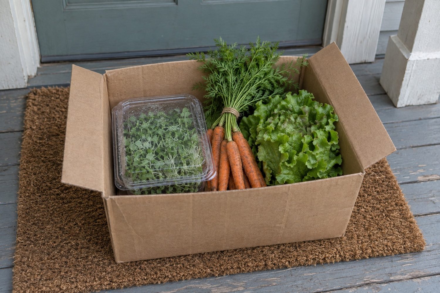 Plain waxed cardboard produce box on a front porch doormat, holding a closed clear clamshell of microgreens, a bunch of carrots with green tops and a head of green lettuce