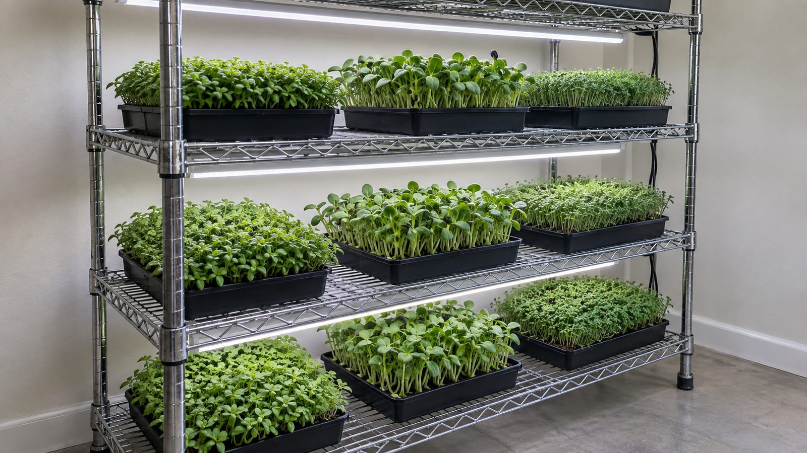 Tidy wire grow rack of healthy basil, sunflower and broccoli microgreen trays spaced a few inches apart under slim LED lights in a clean room