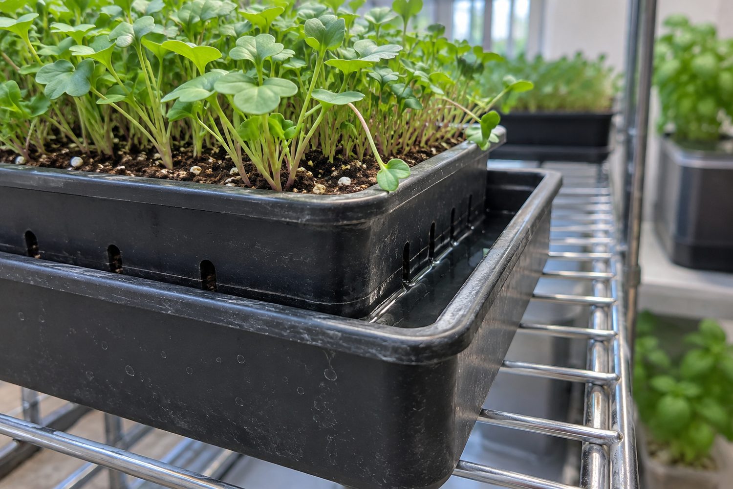 Black tray of microgreens with drainage holes resting inside a solid bottom tray holding a shallow layer of clean water on a grow shelf, the leaves and surface dry