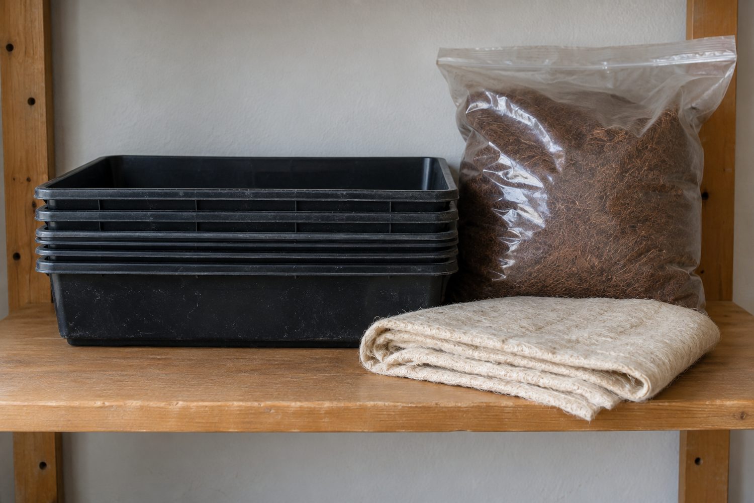 Neat stack of nested empty black growing trays on a shelf beside a sealed plain bag of coco coir growing mix and a folded hemp mat