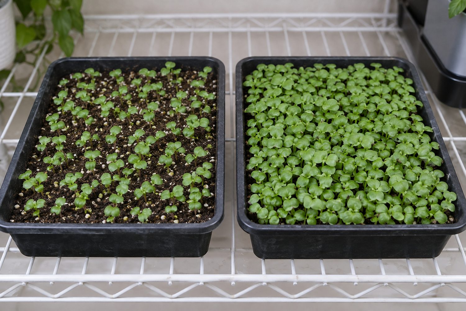 Two trays of young basil microgreens side by side on a shelf, one sown thinly with space between stems and one sown very densely, both healthy and green