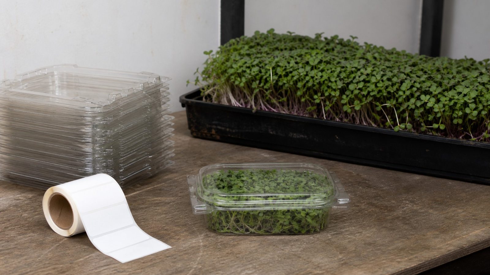 A single small clear clamshell of microgreens standing on a bench beside a stack of empty flat-packed clamshells and a roll of blank adhesive labels, with a full 1020 tray of uncut greens behind them, photographed side on at bench height in flat indoor light