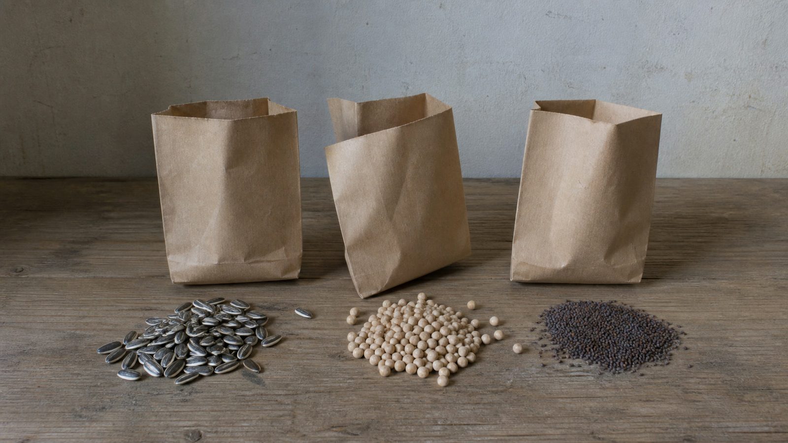 Three plain unmarked kraft paper seed bags standing open in a row on a worn bench, each with a separate heap of its own seed poured out in front of it, the three visibly different in size and color from large striped sunflower to mid sized pale pea to fine dark brassica, photographed square on in flat daylight