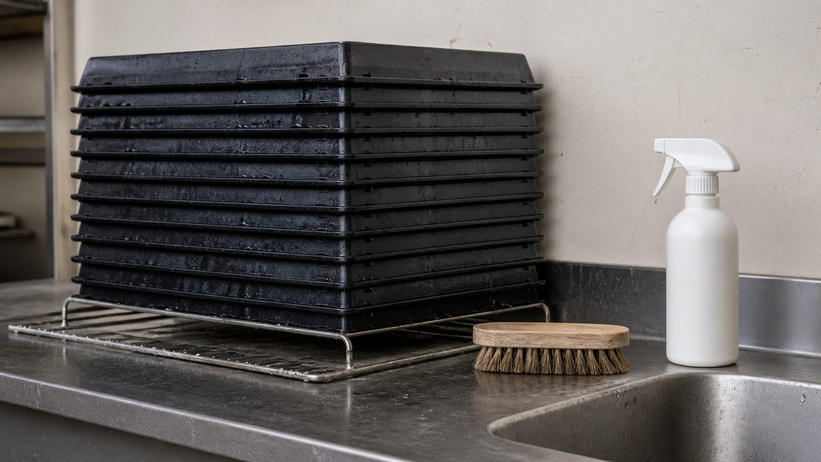 A stack of washed 1020 trays draining upside down on a rack beside a sink, a scrub brush and a bottle with a spray trigger on the counter, photographed side on in flat daylight