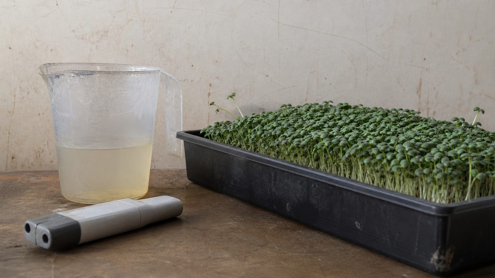 A measuring jug of pale nutrient solution beside an EC meter and a tray of young brassica microgreens on a bench, the meter face angled away from the camera, photographed side on in flat daylight