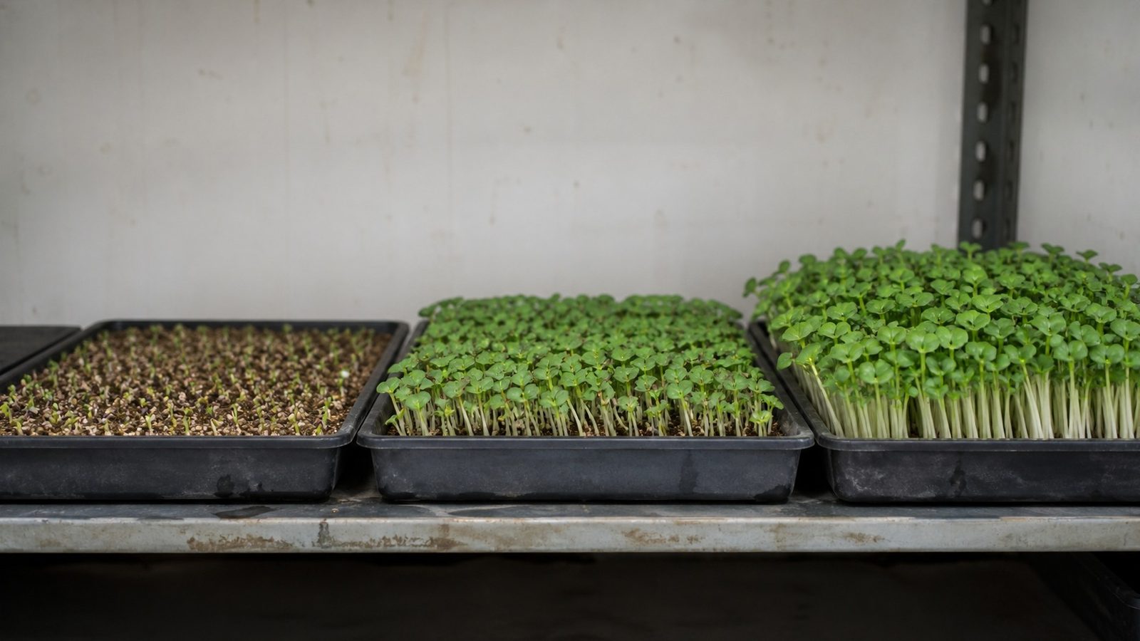 Three 1020 trays on a shelf at visibly different stages, one just emerging, one at full cotyledons and one carrying first true leaves, photographed side on at canopy height in flat daylight