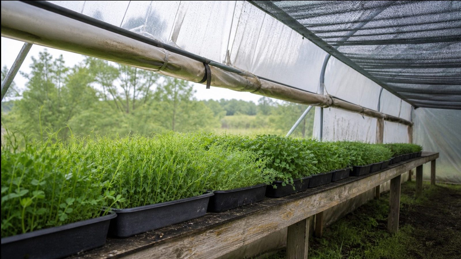Trays of microgreens on a bench inside a plastic covered high tunnel with the sidewall rolled up and shade cloth stretched overhead, photographed side on in bright diffused daylight