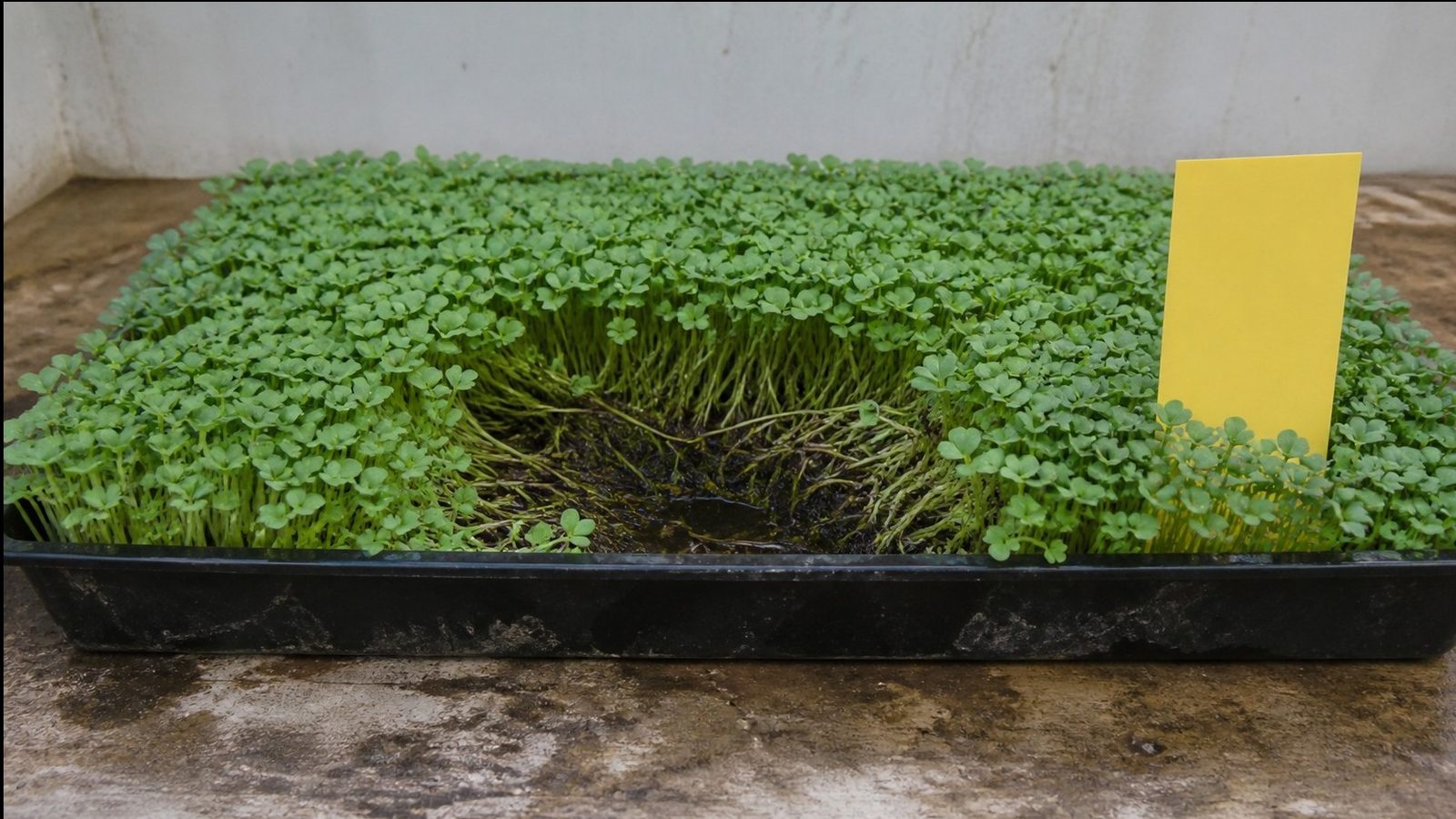 A tray of brassica microgreens with a collapsed patch of thin water soaked stems near the center where seedlings have gone over, a yellow sticky monitoring card standing in the corner of the tray, photographed side on at canopy height in flat daylight
