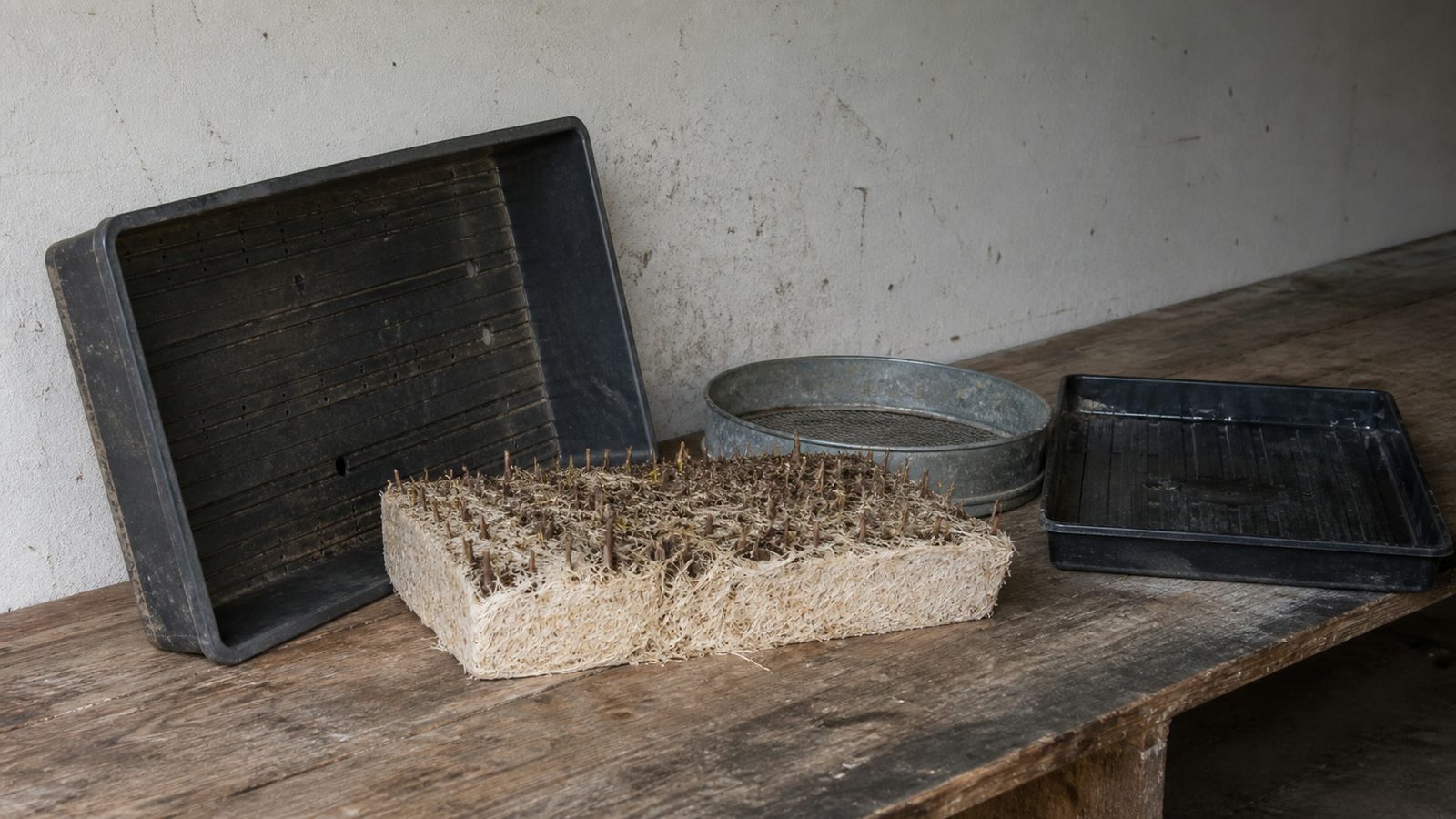 A harvested 1020 tray tipped on its side on a bench with the root mat lifted out in one piece and set beside it, a garden sieve and a second empty tray in frame, photographed side on in flat daylight