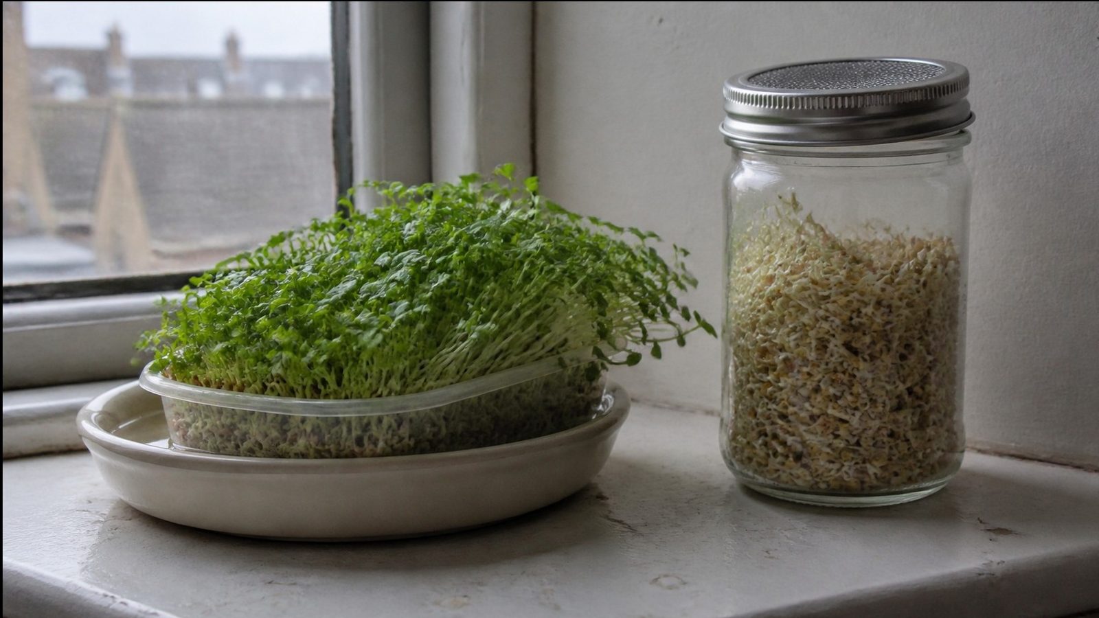 A shallow food grade container of microgreens sitting in a saucer on a narrow windowsill beside a mesh lidded jar of pale rinsed sprouts, photographed side on in flat daylight from the window