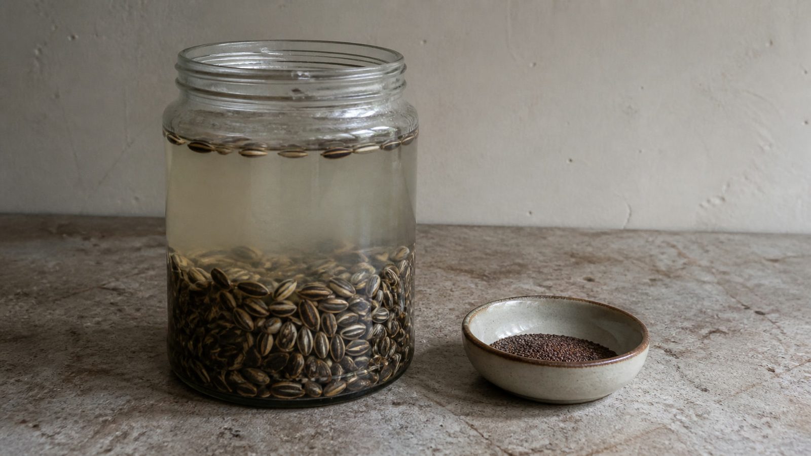 A clear jar of sunflower seed soaking in water on a kitchen counter photographed square on, beside a small open bowl of dry broccoli seed, showing the size difference between the two