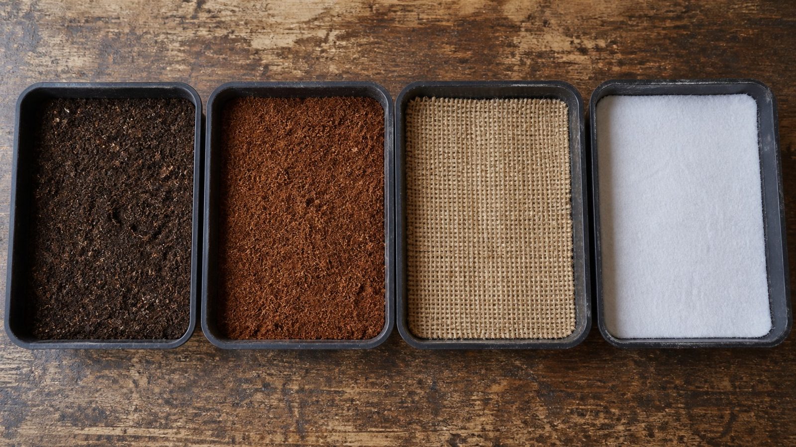 Four open 1020 trays side by side on a bench, each filled level with a different growing medium, dark peat mix, pale brown loose coir, a woven natural fiber mat and a white synthetic mat, photographed from above in flat daylight