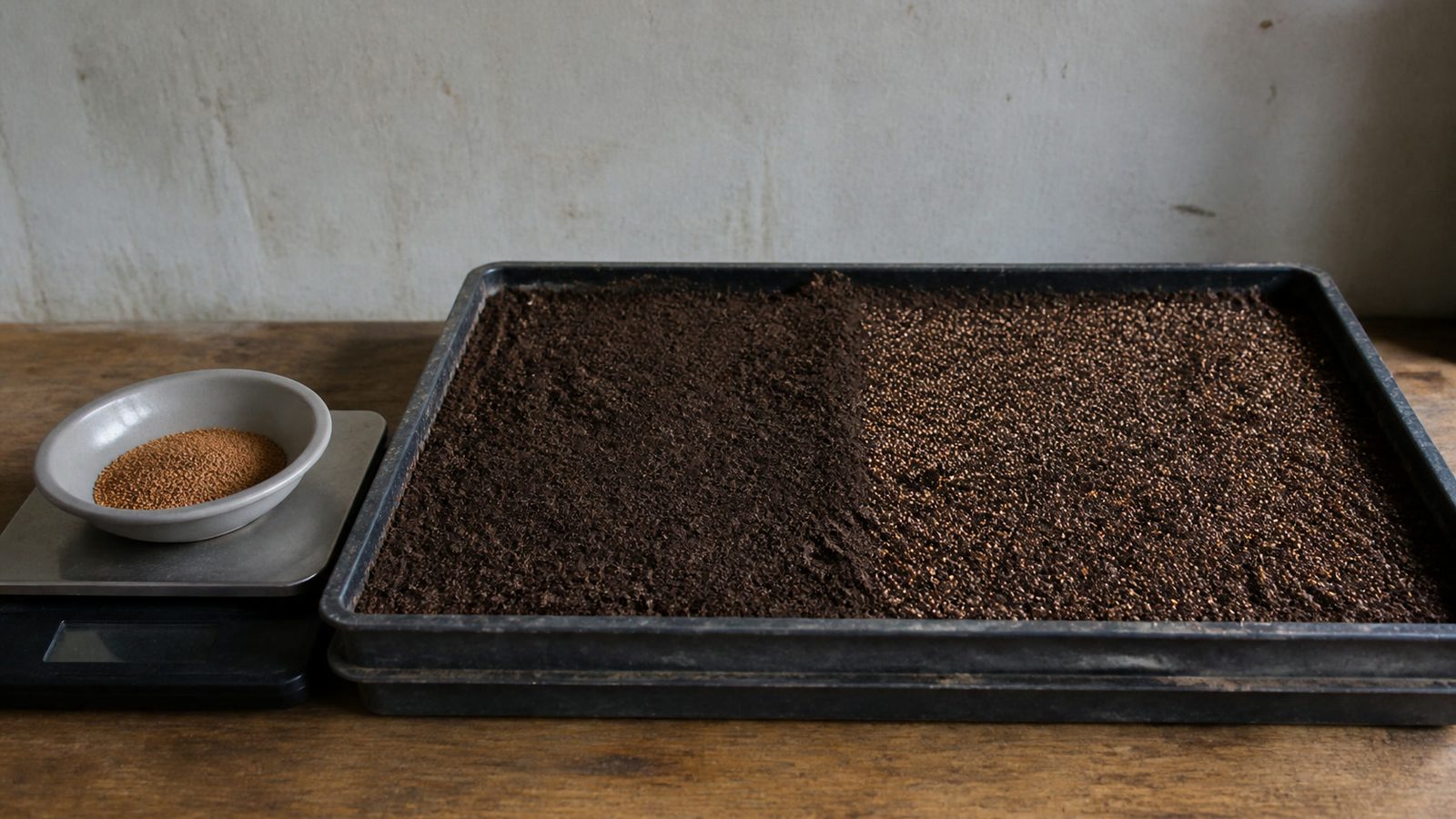 A digital kitchen scale on a bench holding a small bowl of weighed broccoli seed, with a 1020 tray of level moist medium beside it partly sown