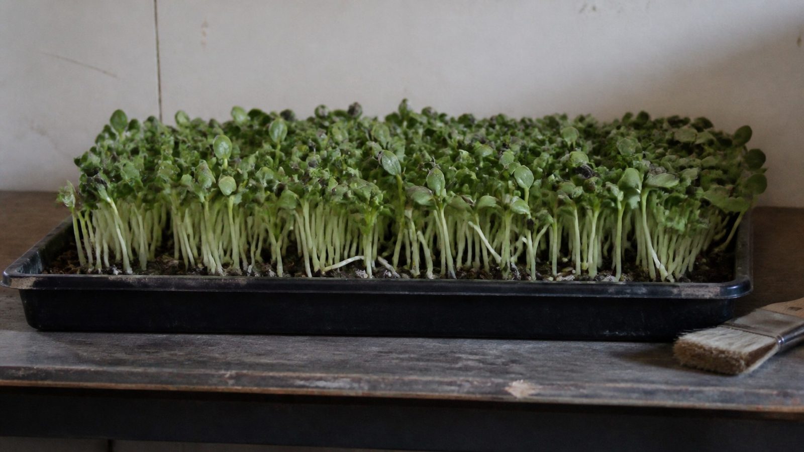 A tray of sunflower microgreens photographed side on at canopy height with black hulls still clamped on many of the cotyledons, and a soft brush resting on the tray edge