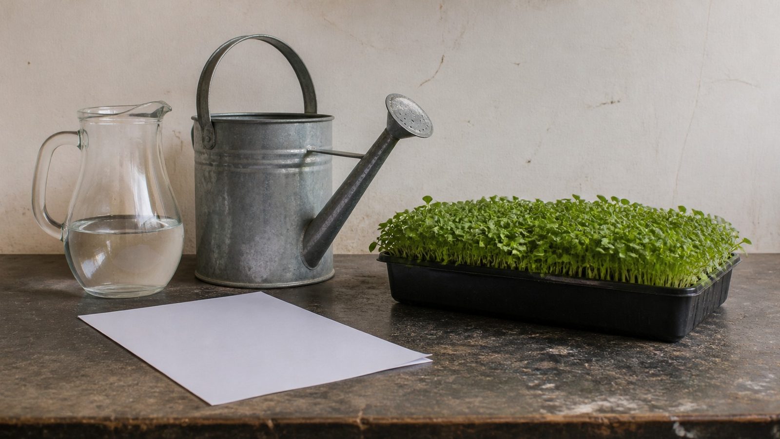 A clear jug of water and a filled watering can beside a tray of young microgreens on a bench, a folded water report sheet lying flat next to them, photographed side on in flat daylight