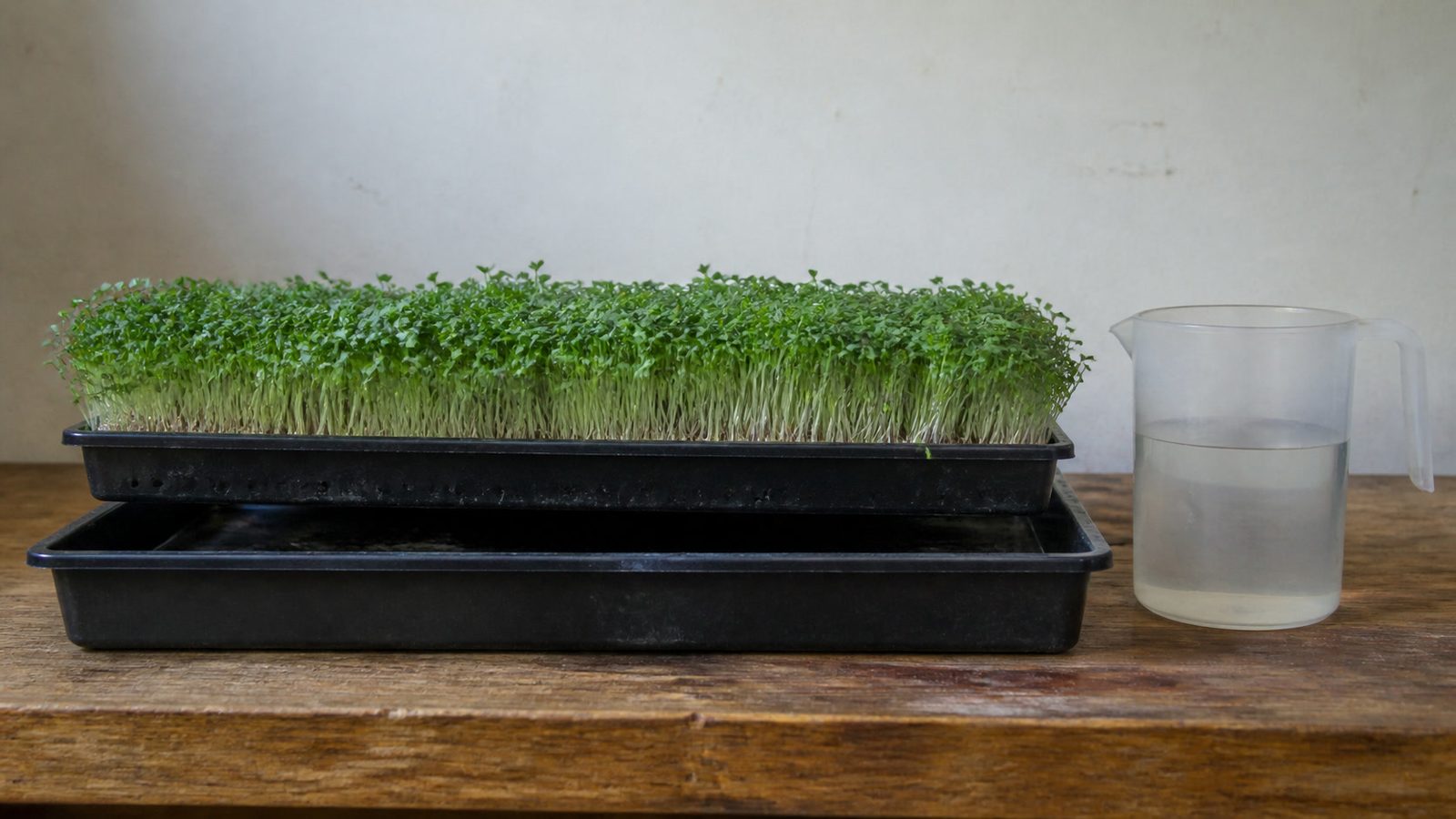 A perforated 1020 tray of young microgreens lifted slightly out of a solid lower tray on a kitchen counter, photographed side on, with a measuring jug of water beside it