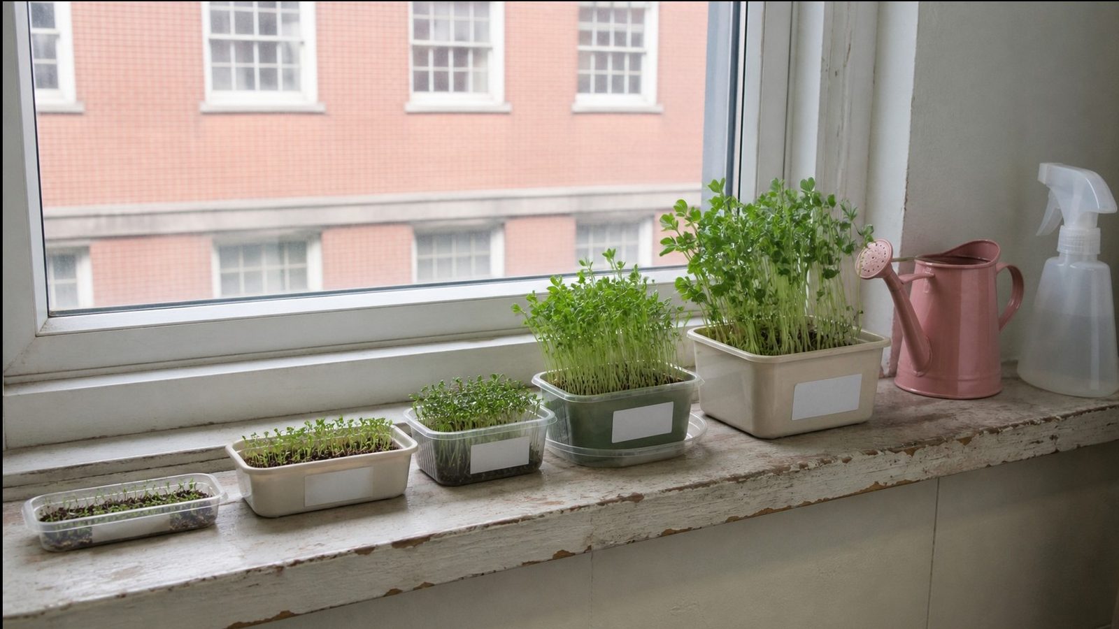 A row of small labeled shallow containers of microgreens at different stages along a classroom windowsill, a fine rose watering can and a spray bottle beside them, photographed side on in flat daylight from the window