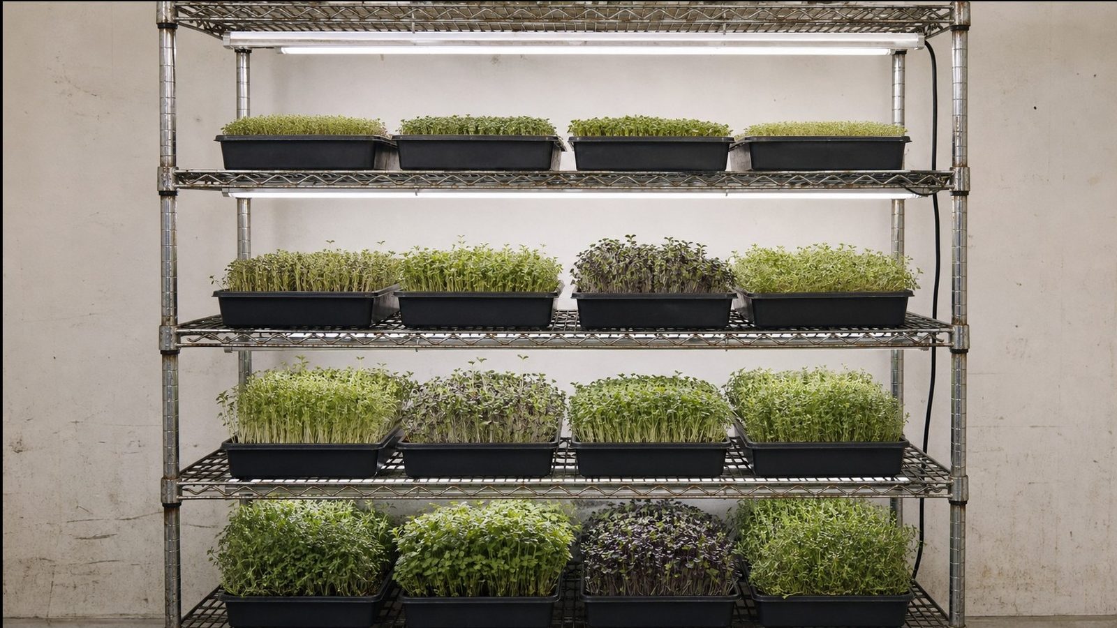 A four tier wire rack against a plain wall carrying four 1020 trays per shelf at different stages of growth, a light strip mounted under each shelf, photographed square on in flat daylight