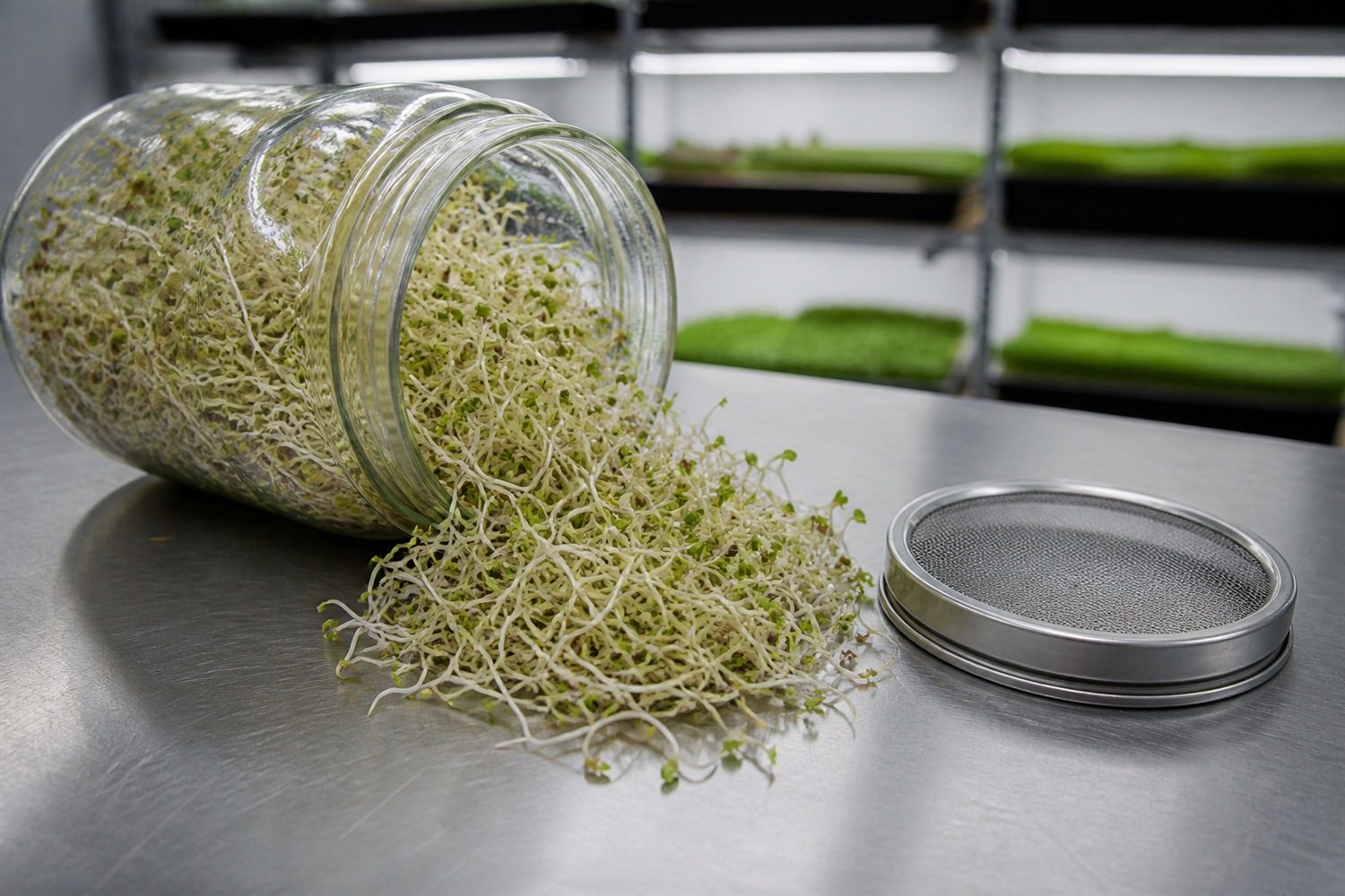 A wide-mouth glass sprouting jar tipped on a working bench with alfalfa sprouts spilling loosely from the mouth, showing very slender pale cream stems, fine white roots, tiny paired green leaves and a few tan hulls, with a mesh lid beside it