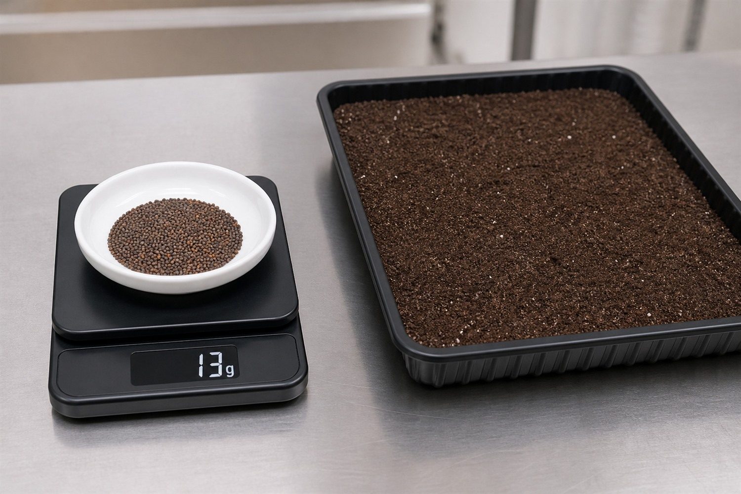 A digital kitchen scale on a working bench reading 13 grams of small round broccoli seed in a shallow dish, with an empty 1020 tray of levelled growing medium beside it
