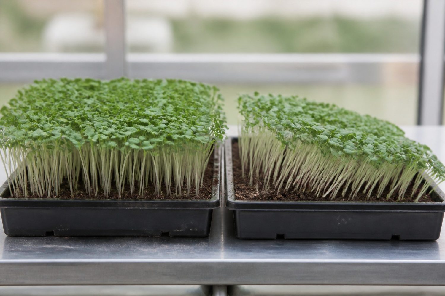 Two 1020 trays side by side at cotyledon stage, broccoli on the left and kale on the right, both showing rounded mid-green cotyledons on fine pale stems, with the kale stems visibly leaning under the canopy while the broccoli stand holds upright and even