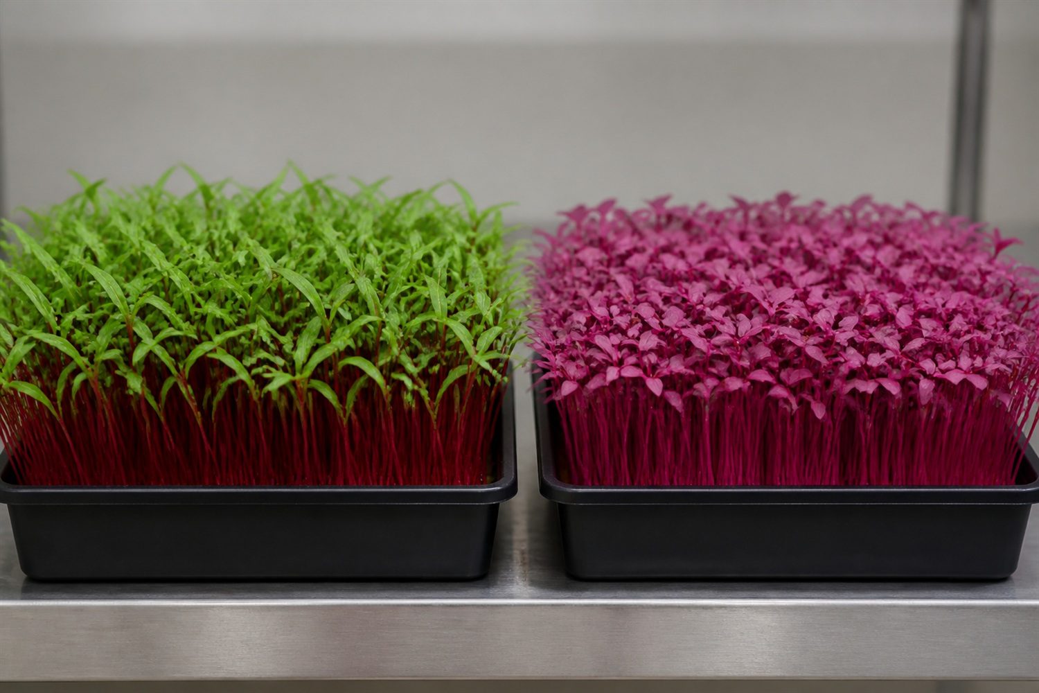 Two 1020 trays side by side at harvest, Bull's Blood beet on the left showing slender vivid crimson stems carrying narrow strap-shaped cotyledons, long and thin rather than round, distinctly green rather than red, and red amaranth on the right showing magenta color carrying through the leaves as well as the stems