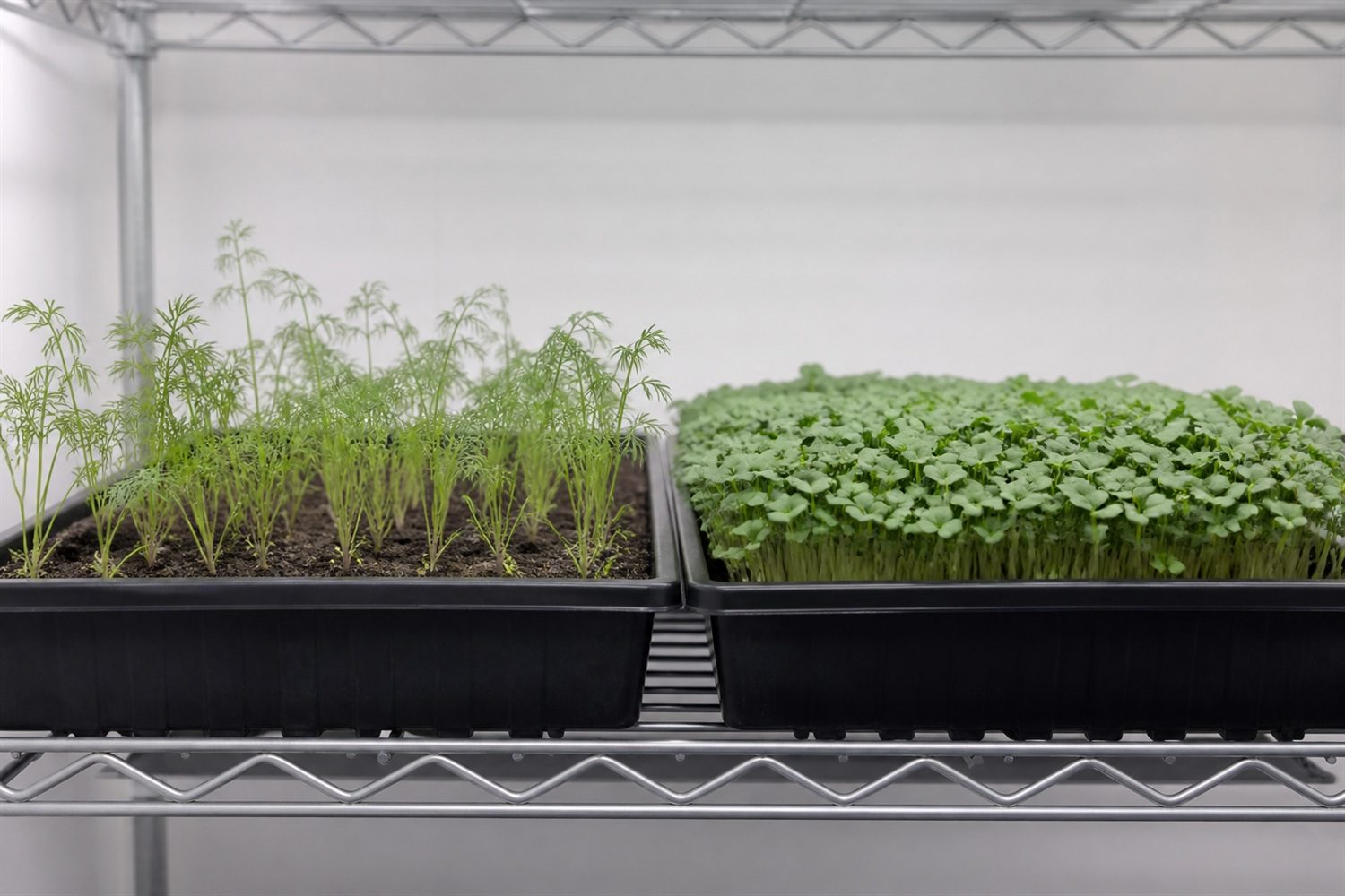A 1020 tray of carrot microgreens at about day 20 photographed side on at canopy height, showing a sparse feathery green canopy of thread-thin stems with growing medium clearly visible between them, beside a denser brassica tray for scale
