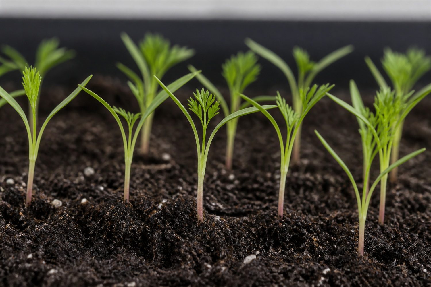 A close side-on macro photograph of individual carrot microgreen seedlings at first true leaf, showing hair-thin pale green stems, two very narrow strap-like cotyledons on each plant, and a bright green deeply divided carrot leaf emerging between them, with a faint pink cast at the stem base