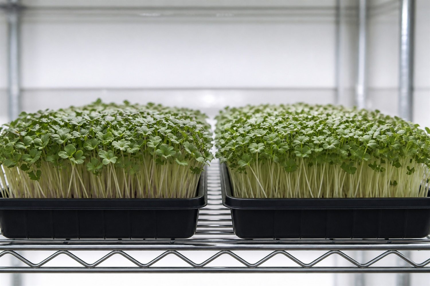 Two 1020 trays side by side at cotyledon stage, cauliflower on the left and broccoli on the right, both showing dense even domes of heart-shaped notched green cotyledons on pale cream stems, near indistinguishable except for faint purple tinting on some of the cauliflower stems and leaf edges