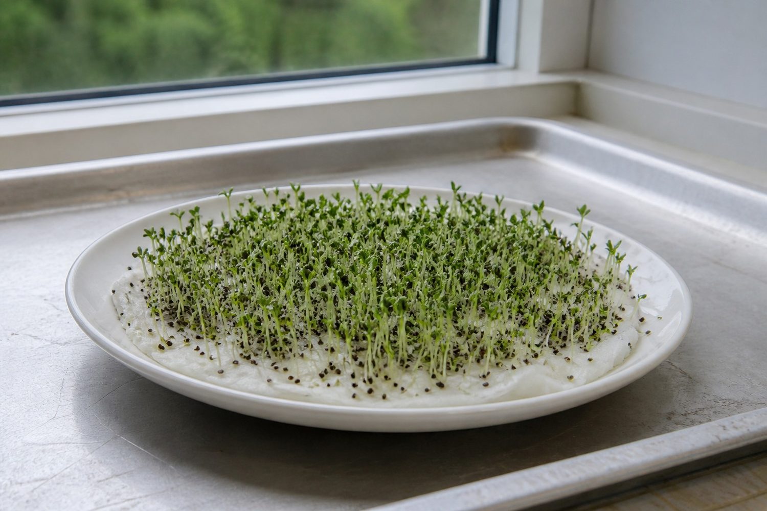 A white plate lined with damp cotton pads carrying a dense even layer of germinated chia seed with green cotyledons emerging, on a kitchen windowsill