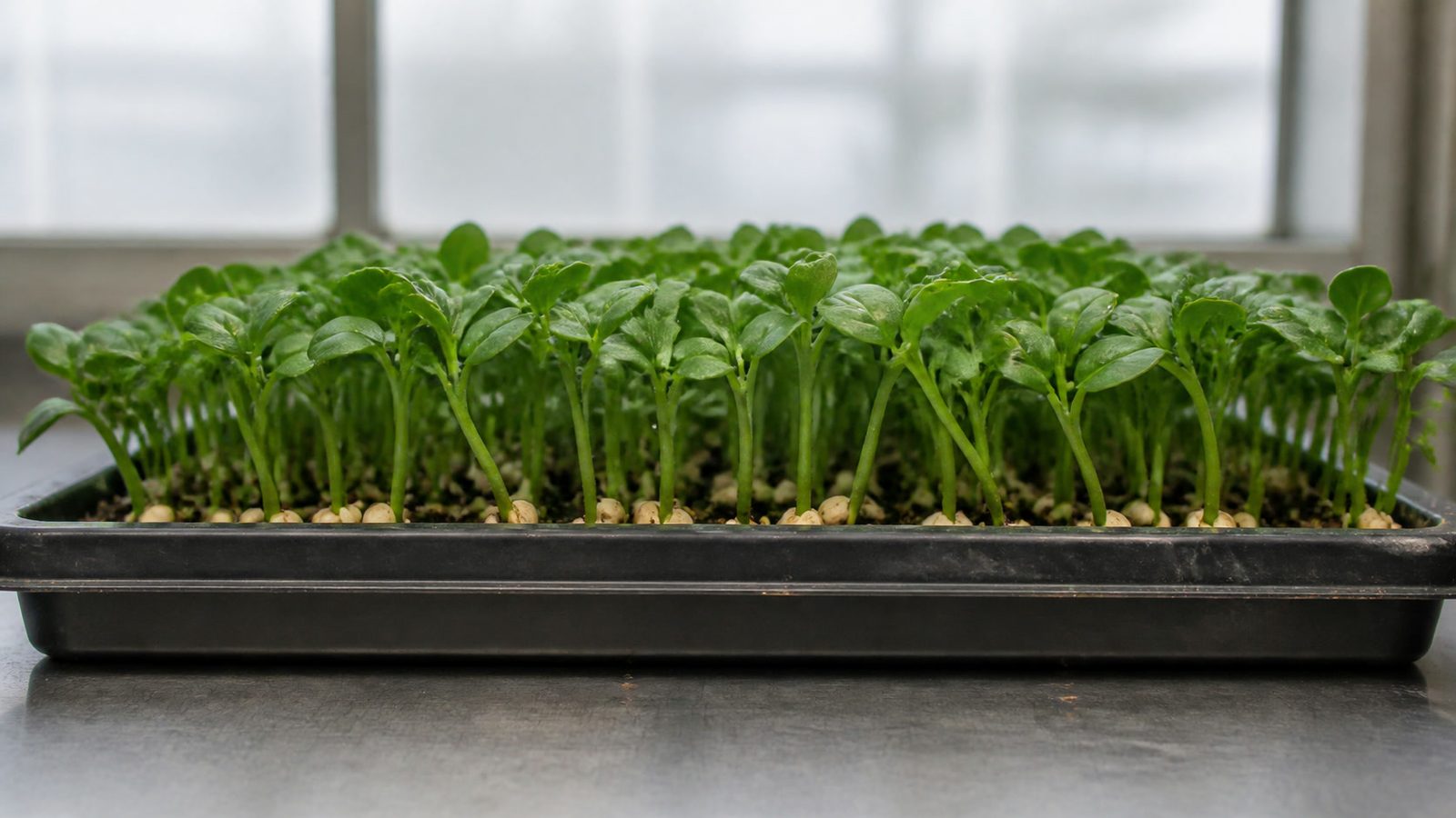 A 1020 tray of cucumber microgreens at harvest stage photographed side on at canopy height, showing thick dark green stems and leaves roughly two inches tall above large pale cucumber seed coats at the medium line
